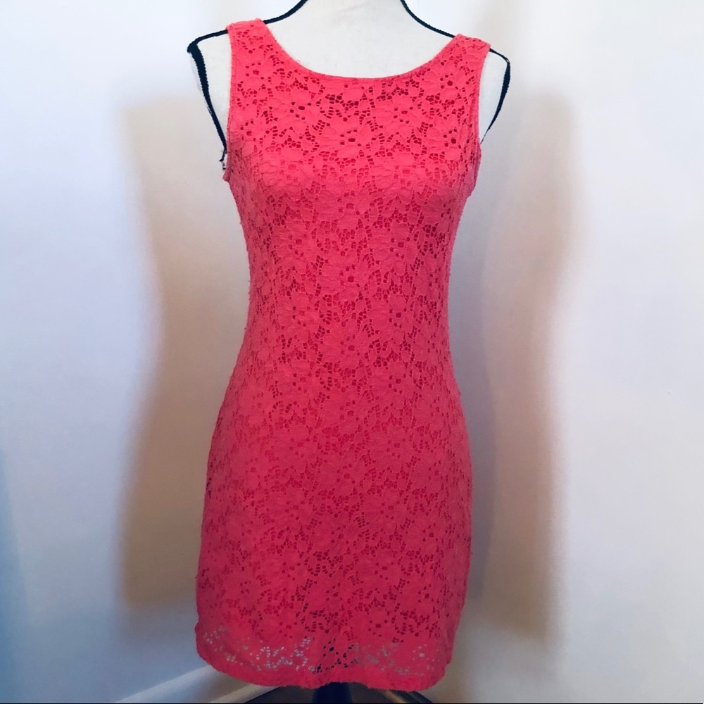 Coral Backless Lace Mini Dress
